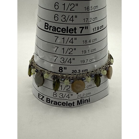 Beaded Bracelet With Green Gray & Pearl Charms Silver Chain Adjustable Size - Picture 2 of 5